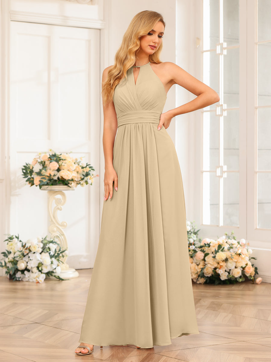 A-Line/Princess Halter Long Wedding Party Dresses with Split Side Champagne