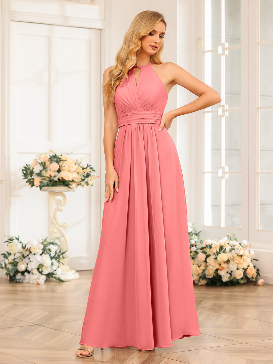 A-Line/Princess Halter Long Wedding Party Dresses with Split Side Coral