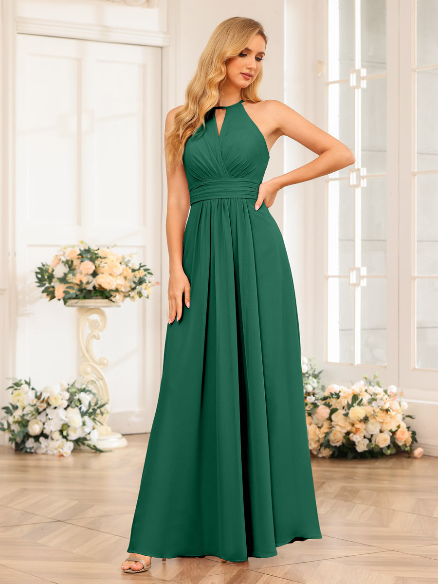 A-Line/Princess Halter Long Wedding Party Dresses with Split Side Dark Green