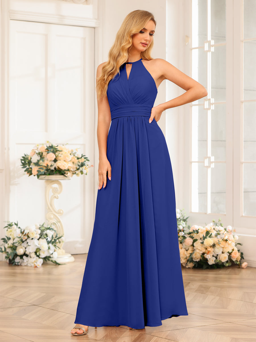 A-Line/Princess Halter Long Wedding Party Dresses with Split Side Dark Royal Blue