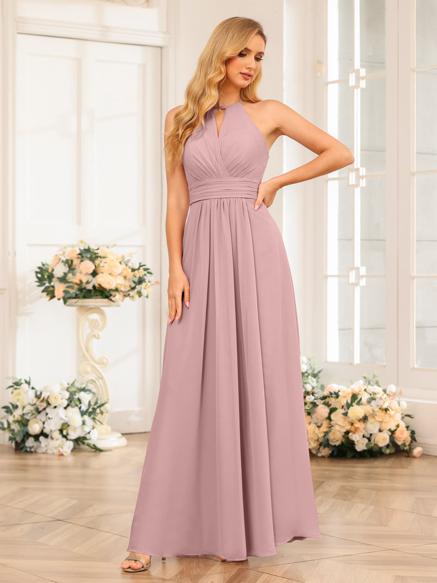 A-Line/Princess Halter Long Wedding Party Dresses with Split Side Dusty Pink