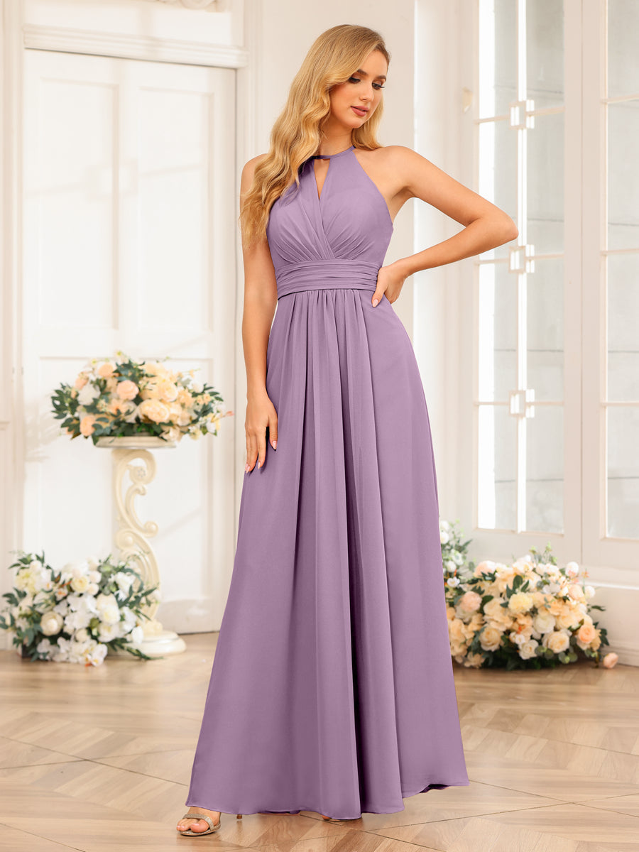 A-Line/Princess Halter Long Wedding Party Dresses with Split Side Dusty Purple