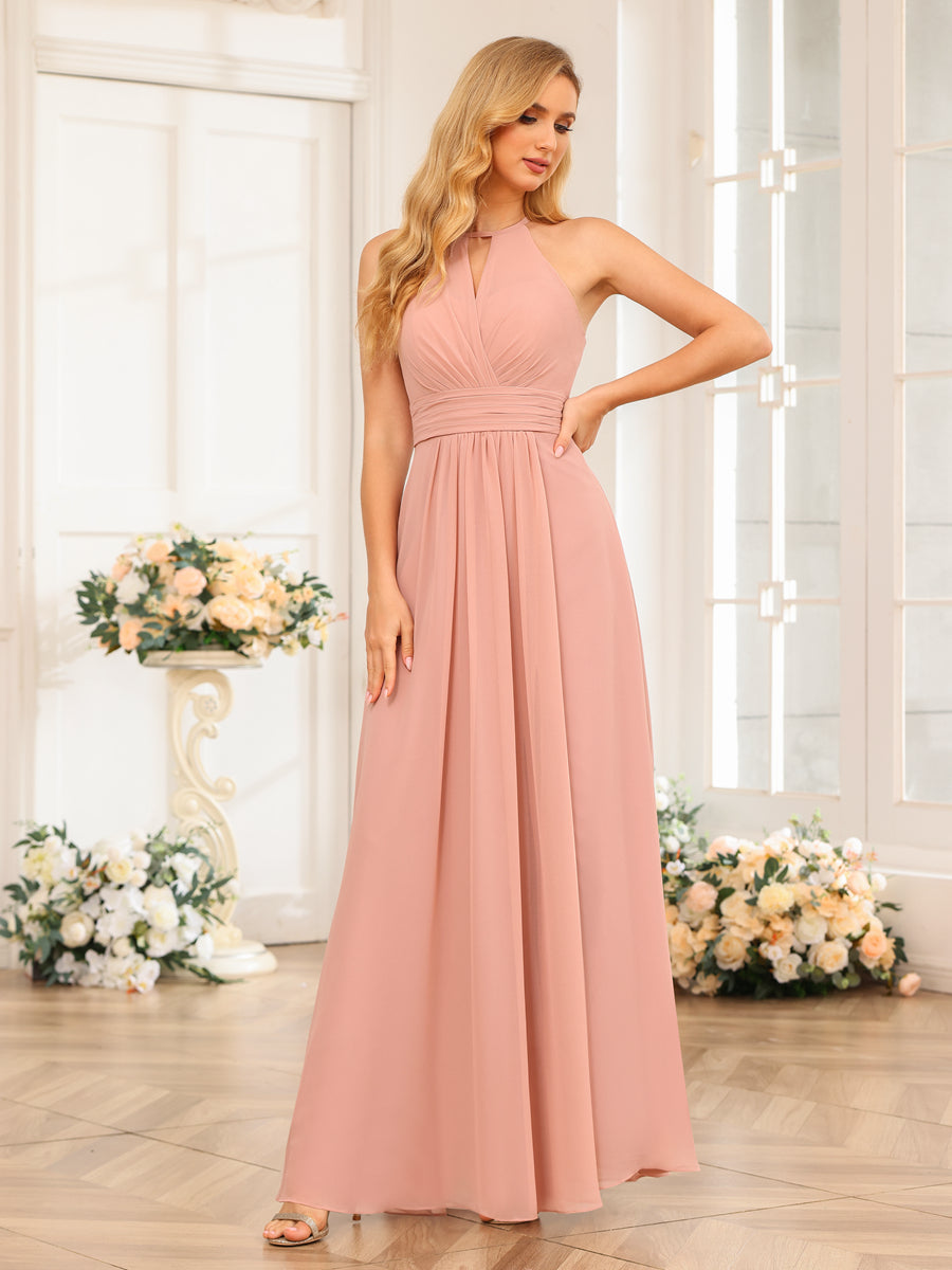 A-Line/Princess Halter Long Wedding Party Dresses with Split Side Dusty Rose