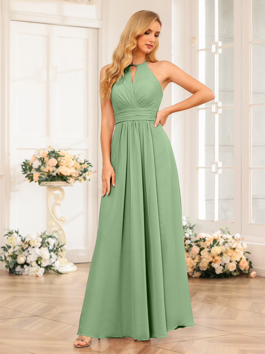 A-Line/Princess Halter Long Wedding Party Dresses with Split Side Dusty Sage