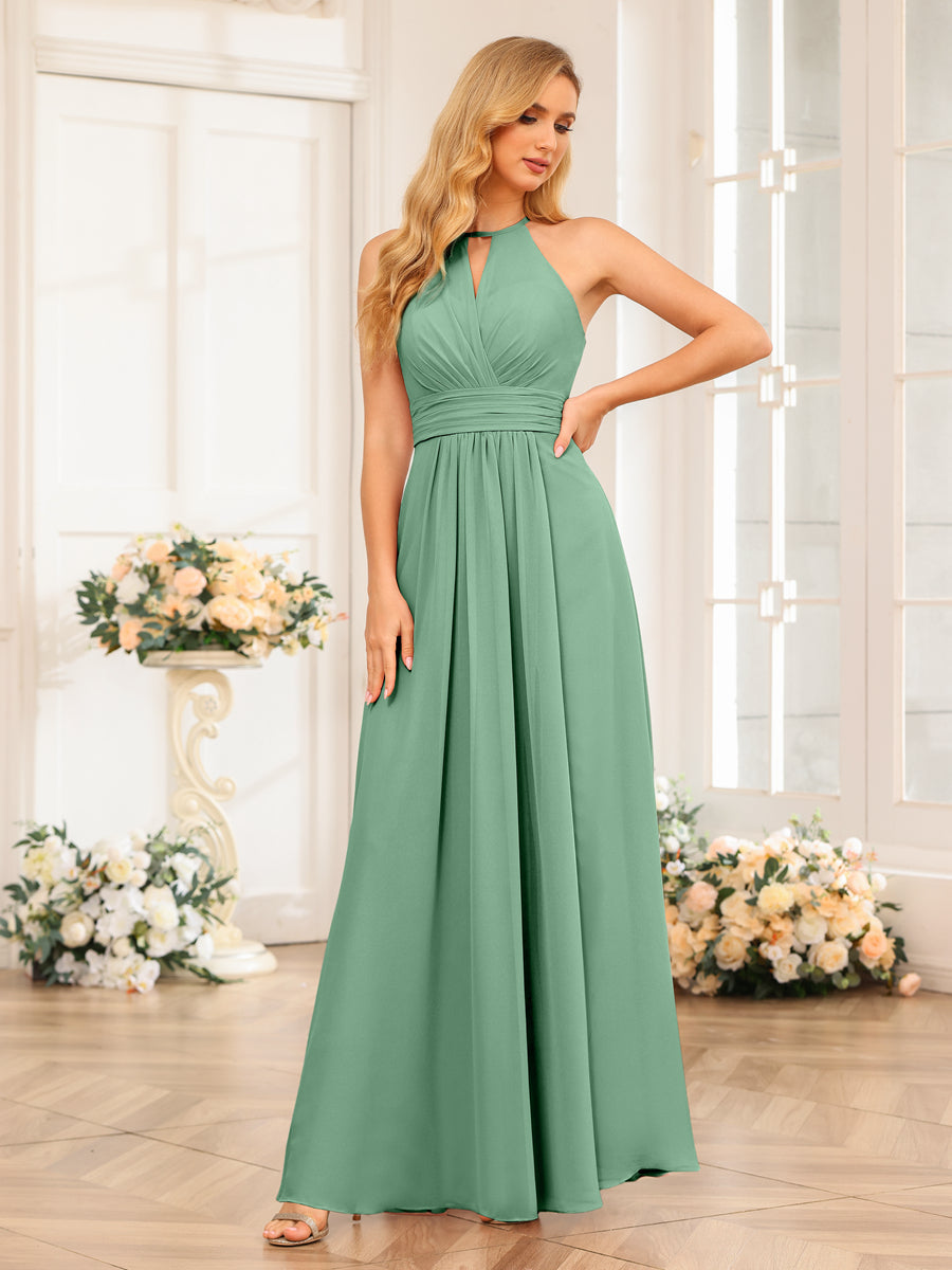 A-Line/Princess Halter Long Wedding Party Dresses with Split Side Eucalyptus