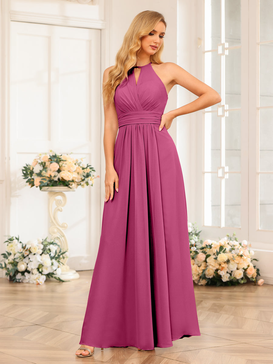 A-Line/Princess Halter Long Wedding Party Dresses with Split Side Fuchsia