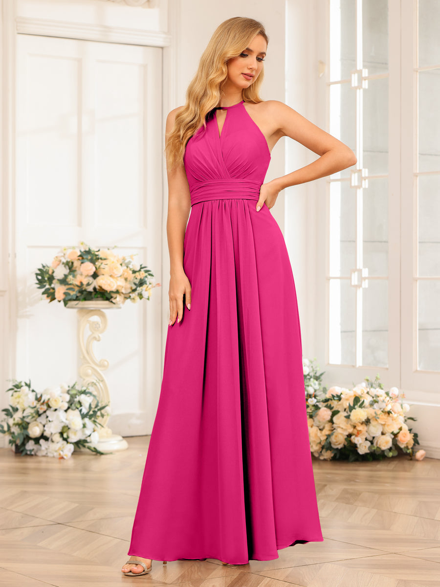 A-Line/Princess Halter Long Wedding Party Dresses with Split Side Fuchsia Pink