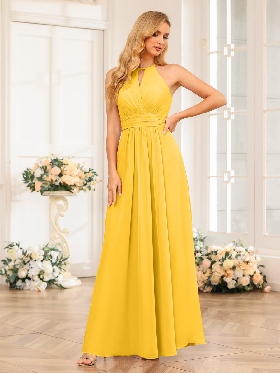 A-Line/Princess Halter Long Wedding Party Dresses with Split Side Gold