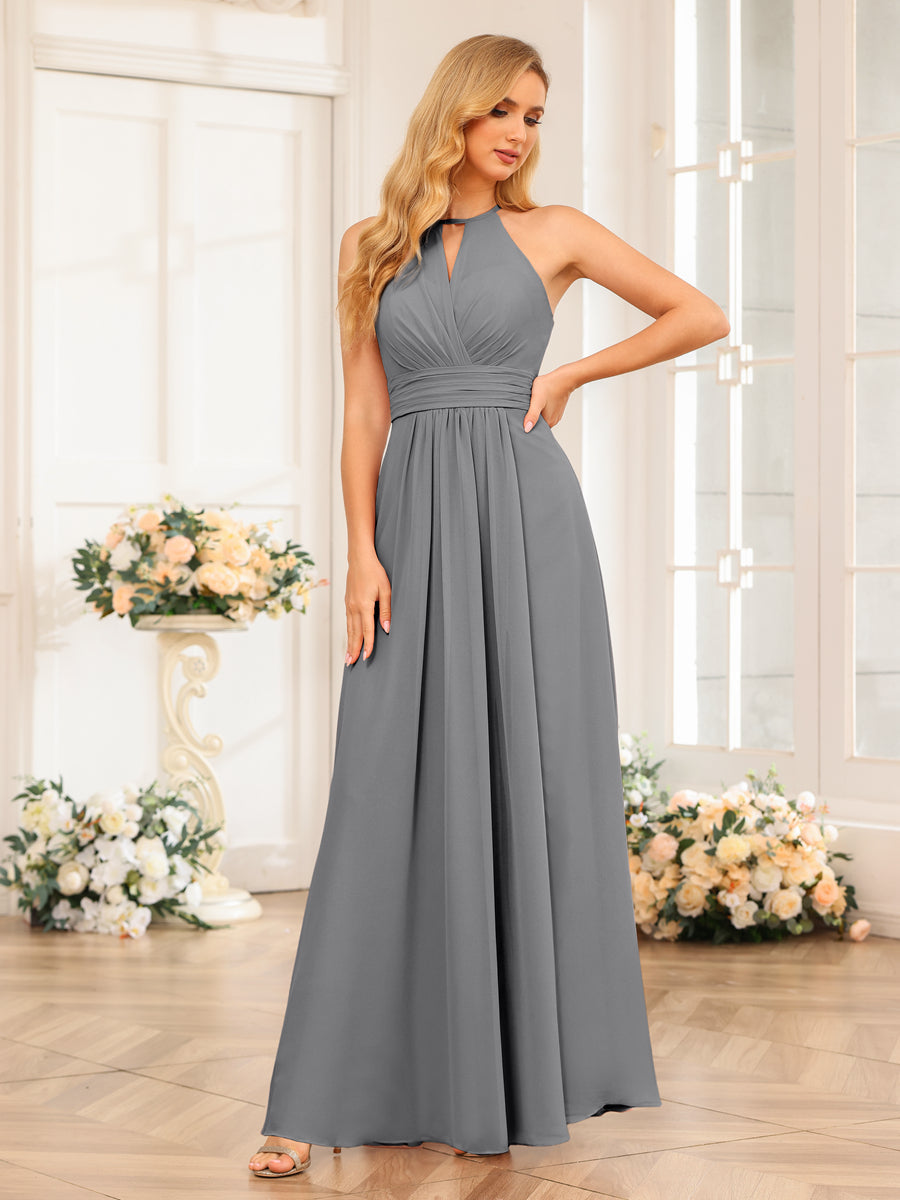 A-Line/Princess Halter Long Wedding Party Dresses with Split Side Gray