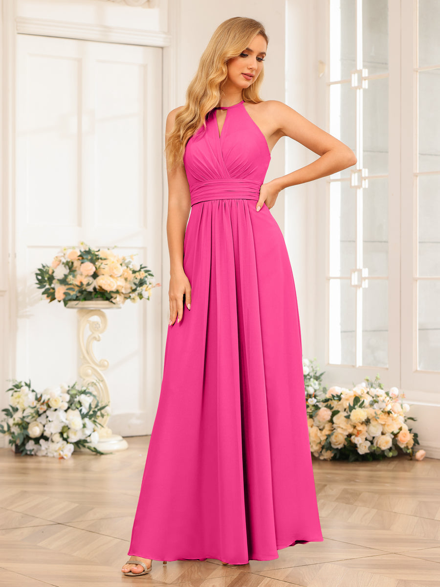 A-Line/Princess Halter Long Wedding Party Dresses with Split Side Hot Pink