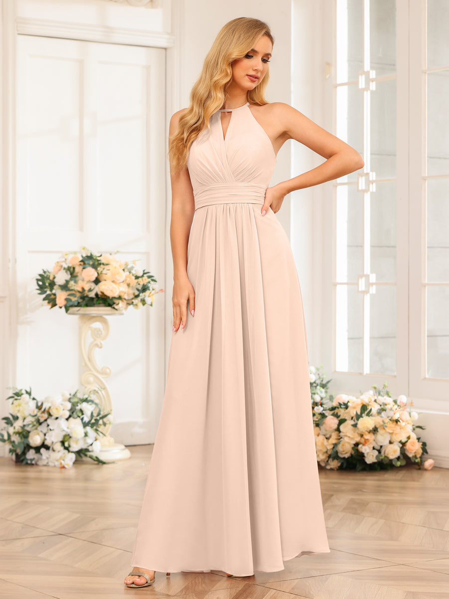 A-Line/Princess Halter Long Wedding Party Dresses with Split Side Light Champagne