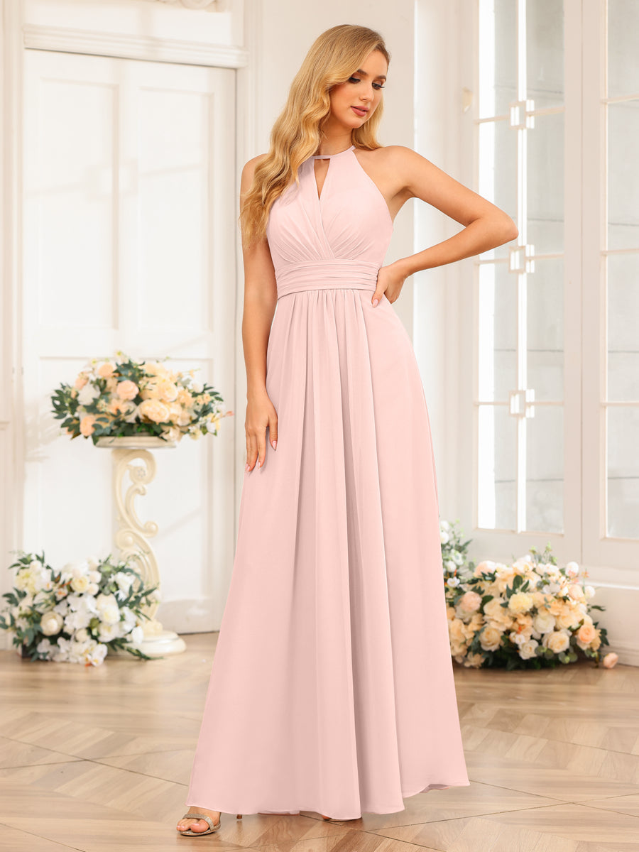 A-Line/Princess Halter Long Wedding Party Dresses with Split Side Light Pink