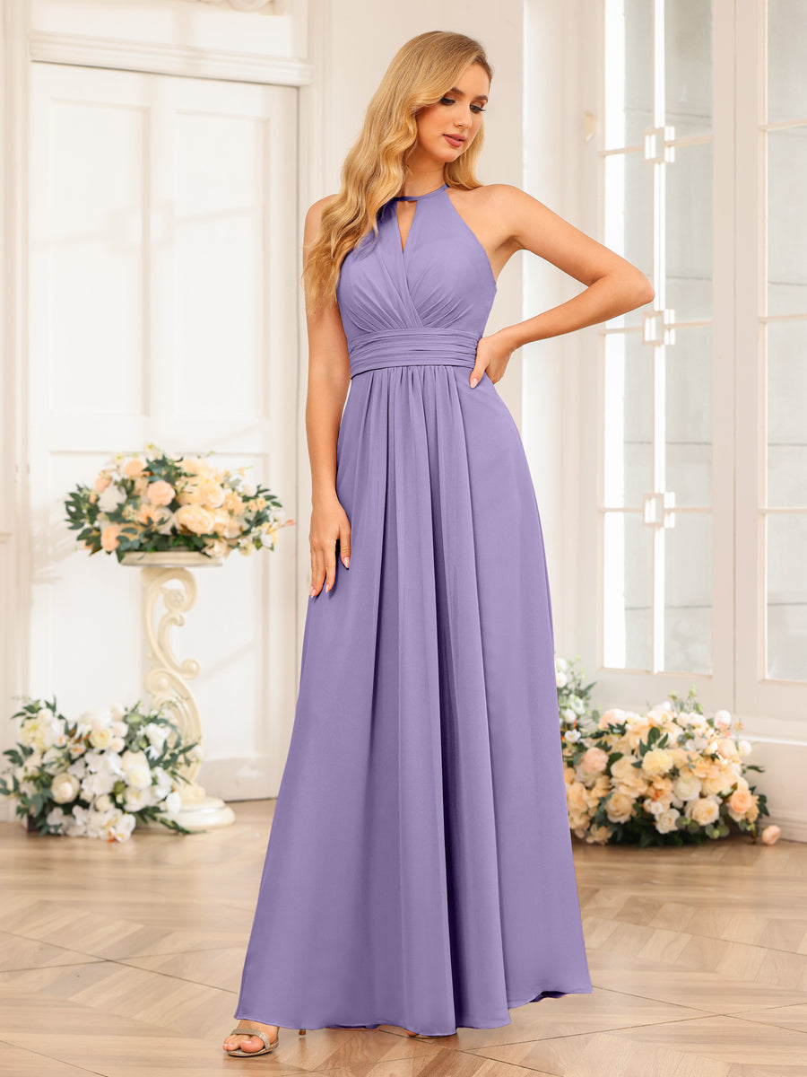 A-Line/Princess Halter Long Wedding Party Dresses with Split Side Light Purple
