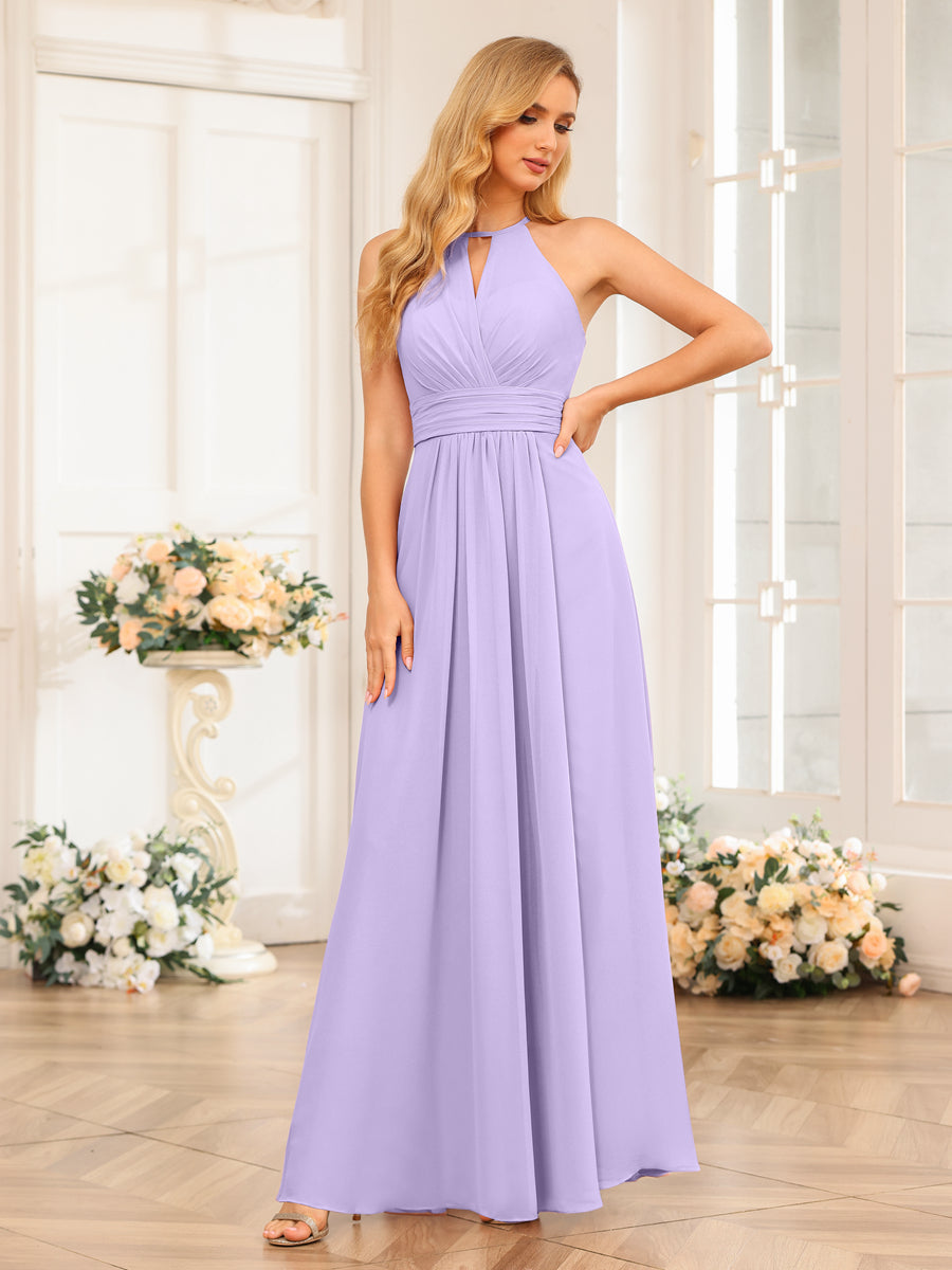 A-Line/Princess Halter Long Wedding Party Dresses with Split Side Lilac