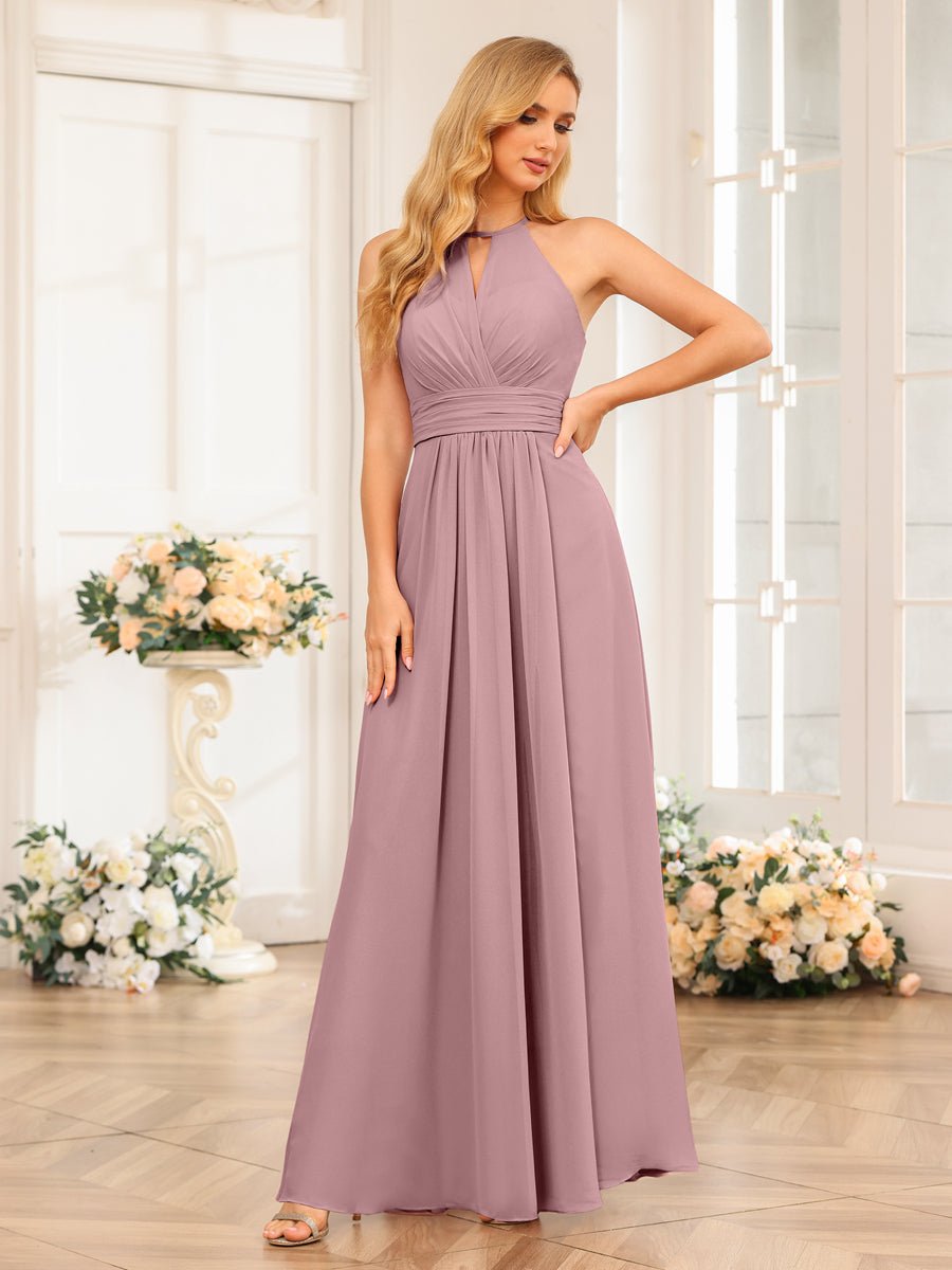 A-Line/Princess Halter Long Wedding Party Dresses with Split Side Mauve