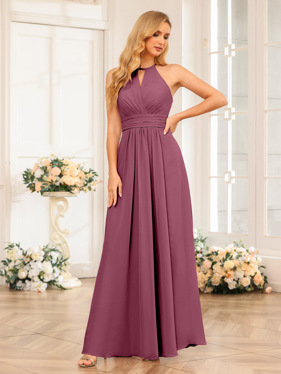 A-Line/Princess Halter Long Wedding Party Dresses with Split Side Mulberry