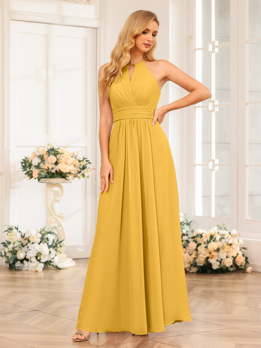 A-Line/Princess Halter Long Wedding Party Dresses with Split Side Mustard Yellow