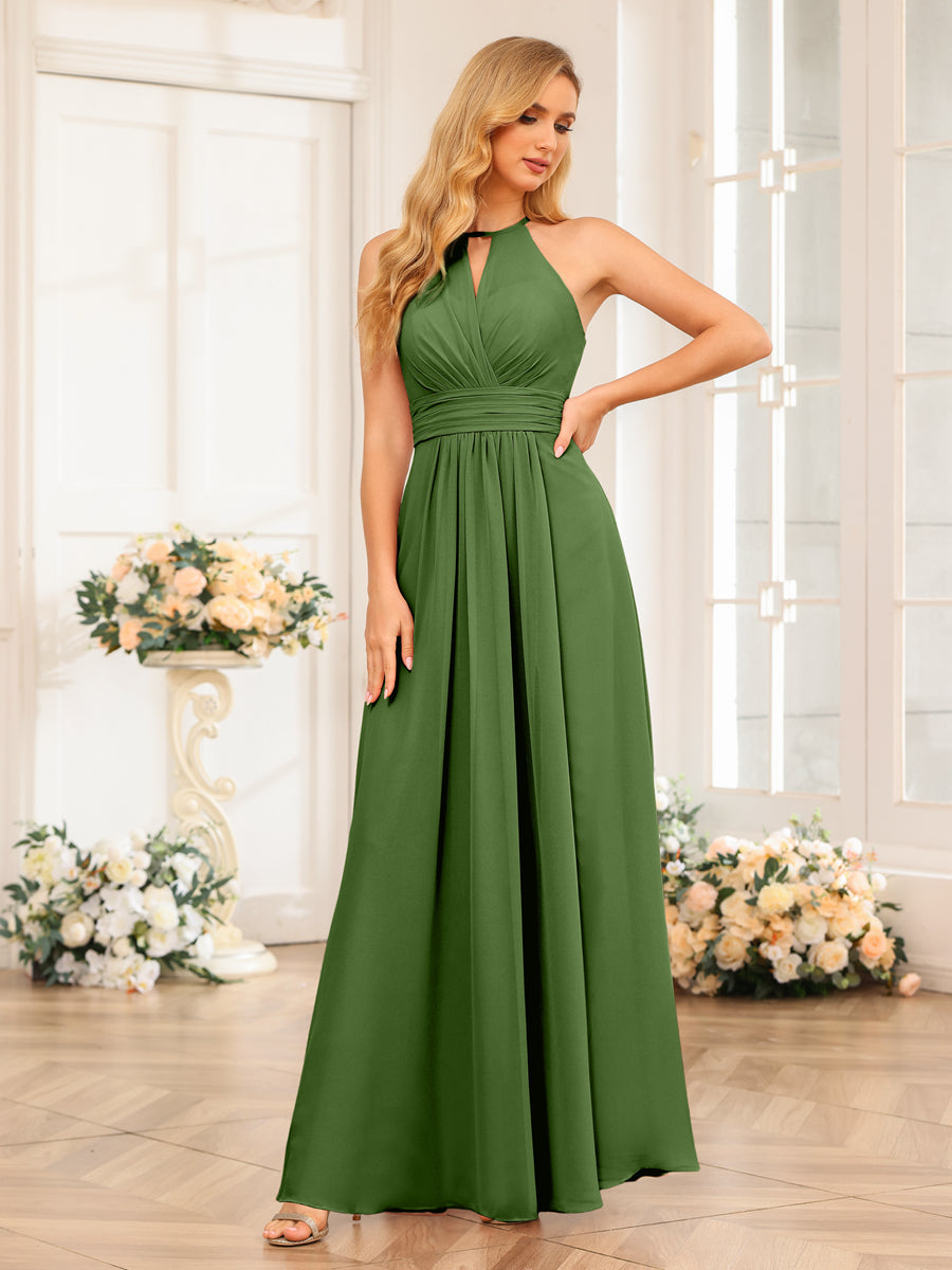 A-Line/Princess Halter Long Wedding Party Dresses with Split Side Olive Green