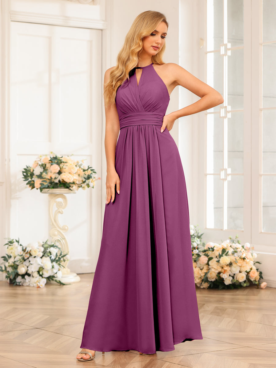 A-Line/Princess Halter Long Wedding Party Dresses with Split Side Orchid