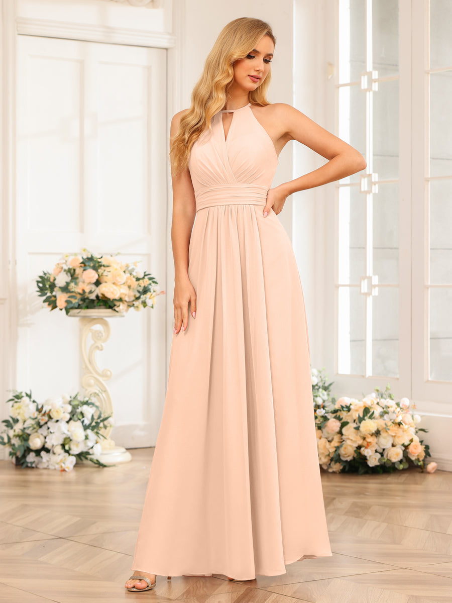 A-Line/Princess Halter Long Wedding Party Dresses with Split Side Peach Pink