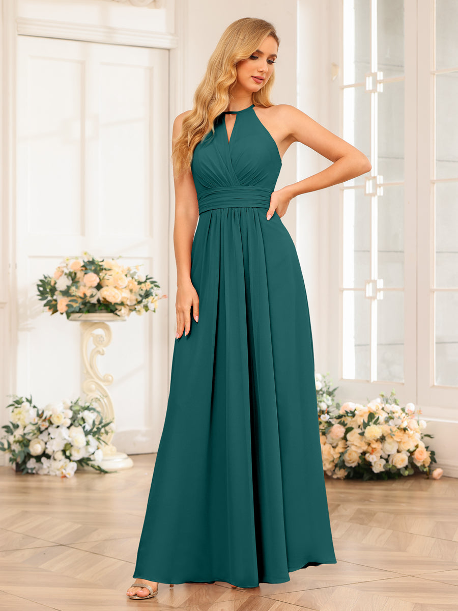 A-Line/Princess Halter Long Wedding Party Dresses with Split Side Peacock