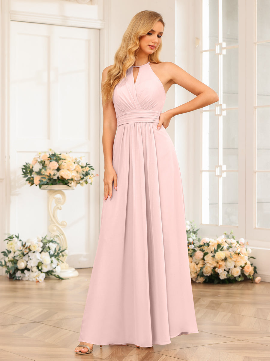 A-Line/Princess Halter Long Wedding Party Dresses with Split Side Pearl Pink
