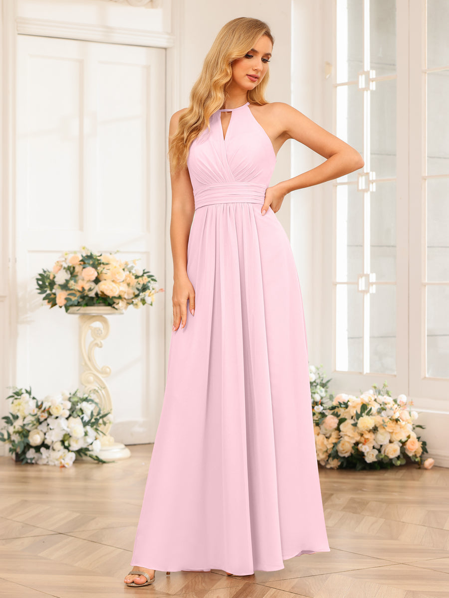 A-Line/Princess Halter Long Wedding Party Dresses with Split Side Pink