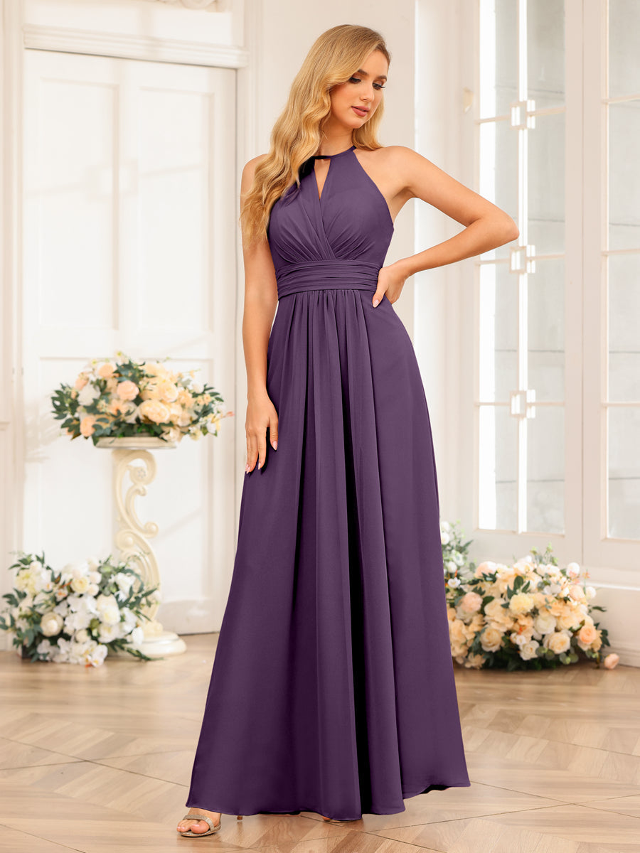 A-Line/Princess Halter Long Wedding Party Dresses with Split Side Plum
