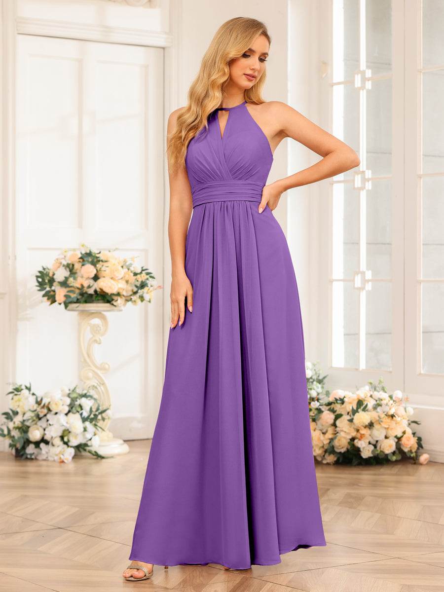 A-Line/Princess Halter Long Wedding Party Dresses with Split Side Purple
