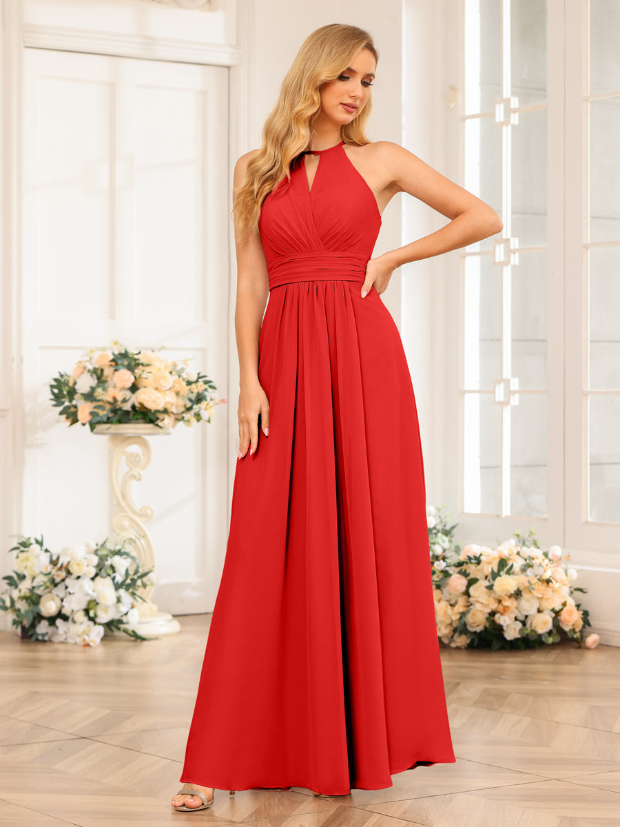 A-Line/Princess Halter Long Wedding Party Dresses with Split Side Red