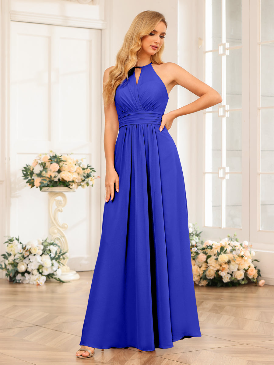 A-Line/Princess Halter Long Wedding Party Dresses with Split Side Royal Blue