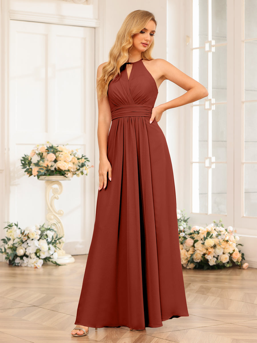 A-Line/Princess Halter Long Wedding Party Dresses with Split Side Rust