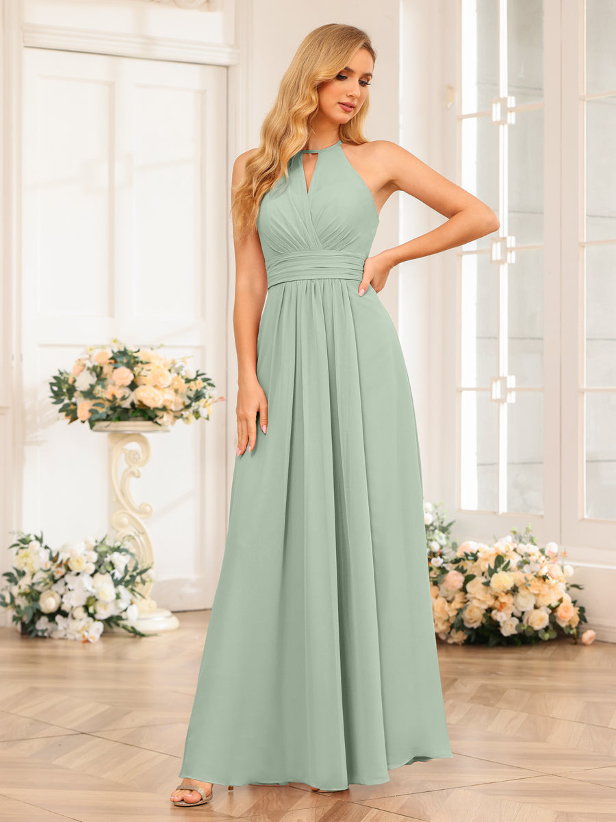A-Line/Princess Halter Long Wedding Party Dresses with Split Side Sage