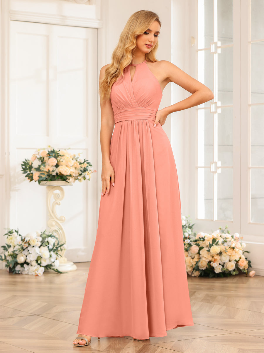 A-Line/Princess Halter Long Wedding Party Dresses with Split Side Salmon
