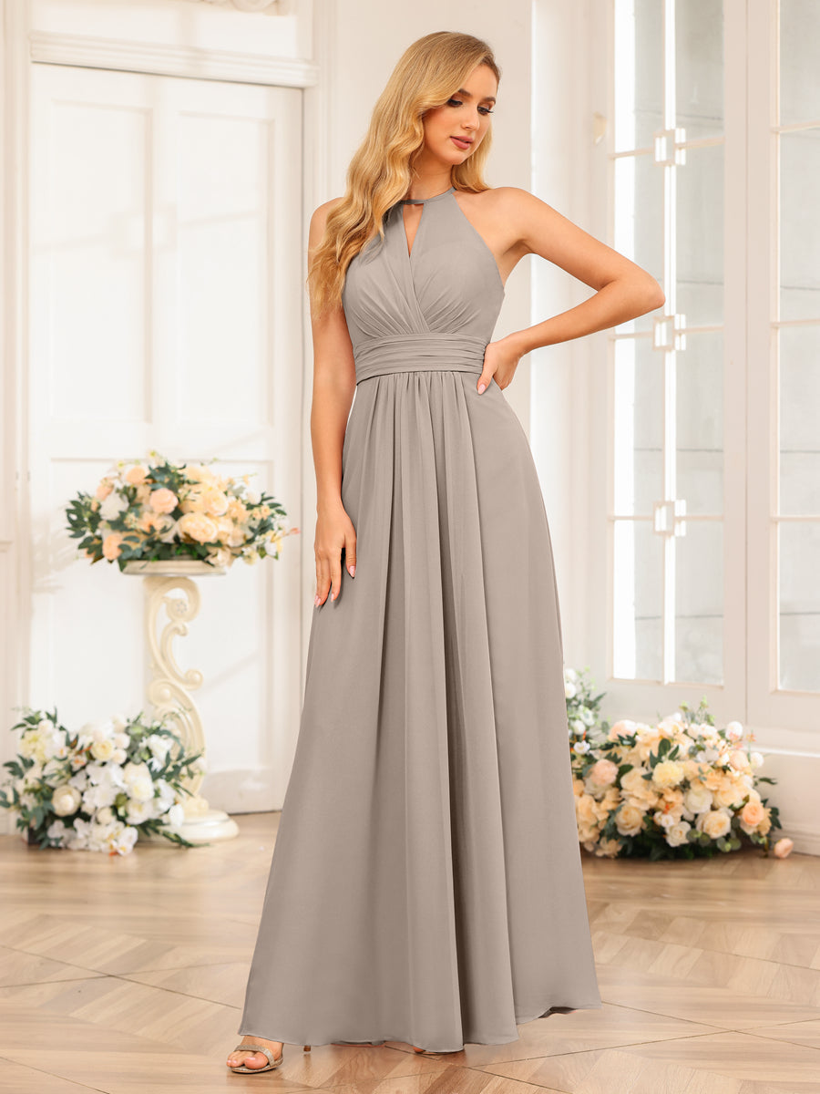 A-Line/Princess Halter Long Wedding Party Dresses with Split Side Taupe