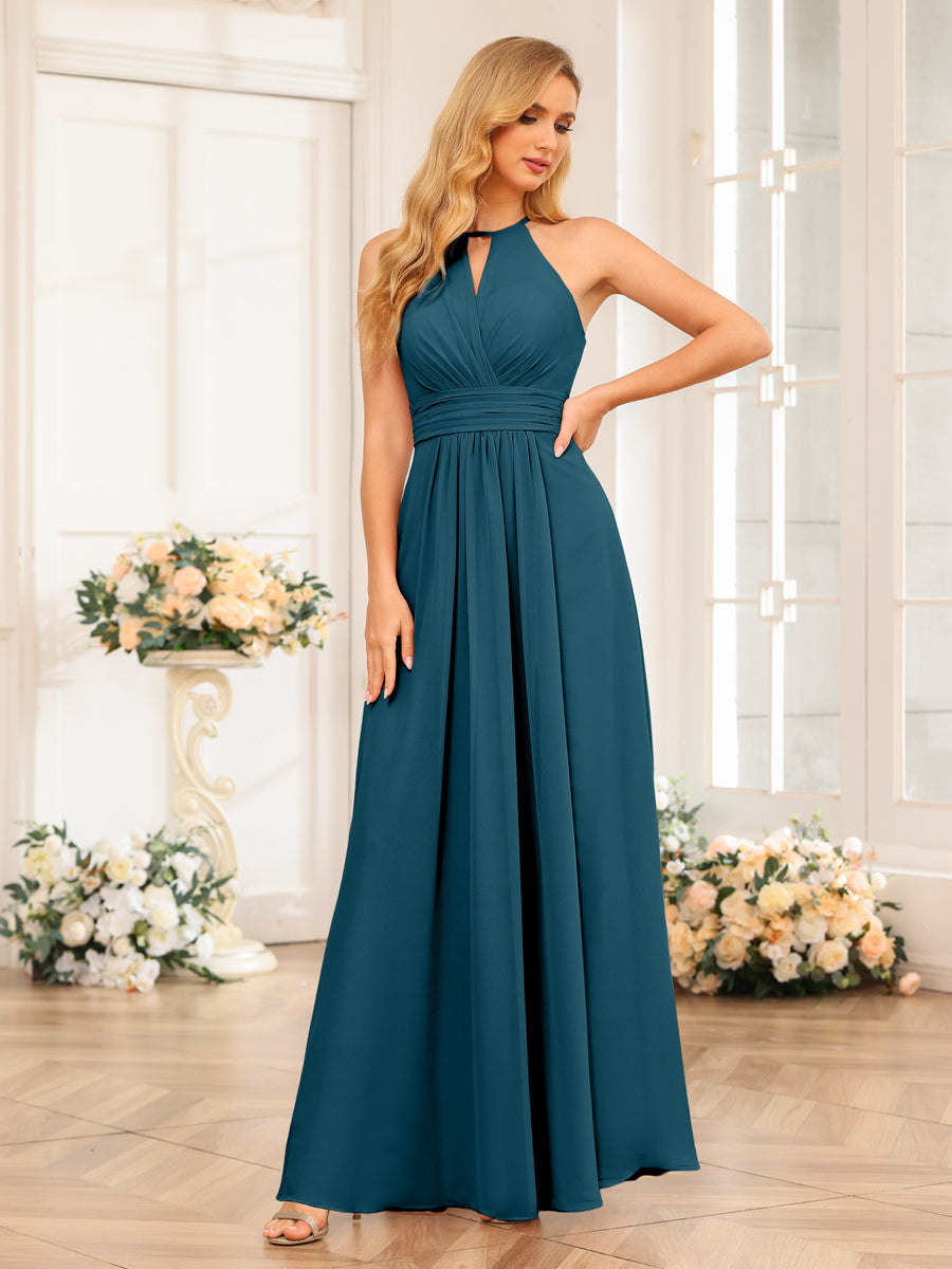 A-Line/Princess Halter Long Wedding Party Dresses with Split Side Teal