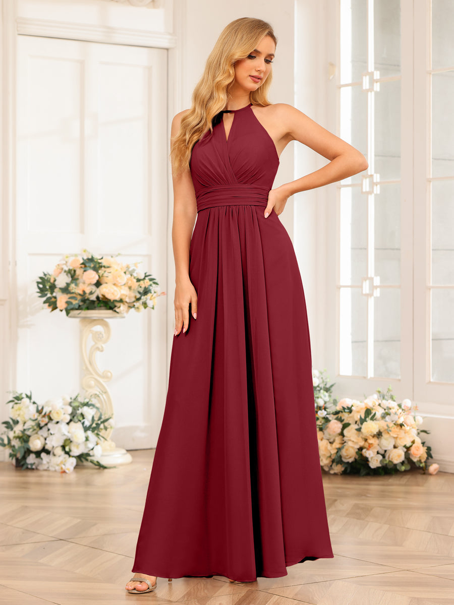 A-Line/Princess Halter Long Wedding Party Dresses with Split Side Wine Red