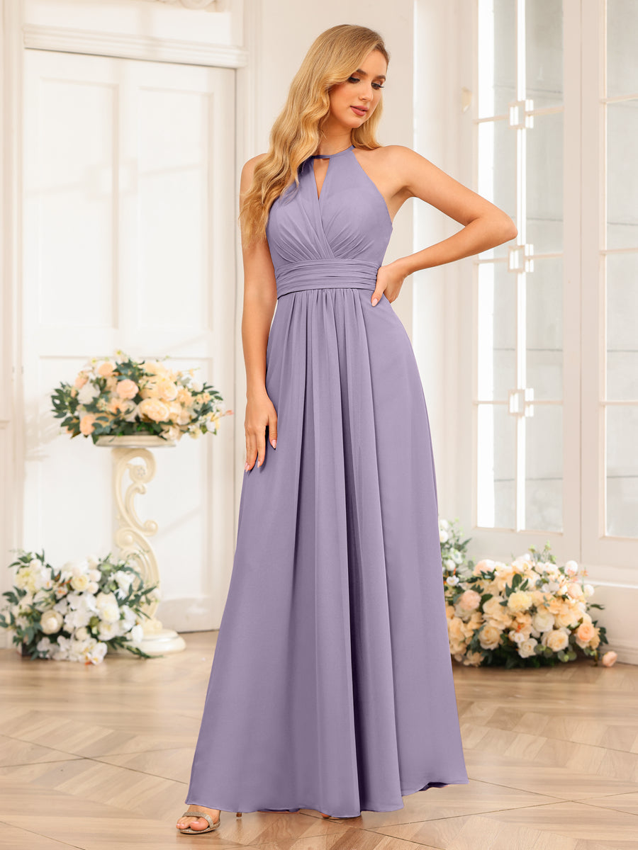 A-Line/Princess Halter Long Wedding Party Dresses with Split Side Wisteria