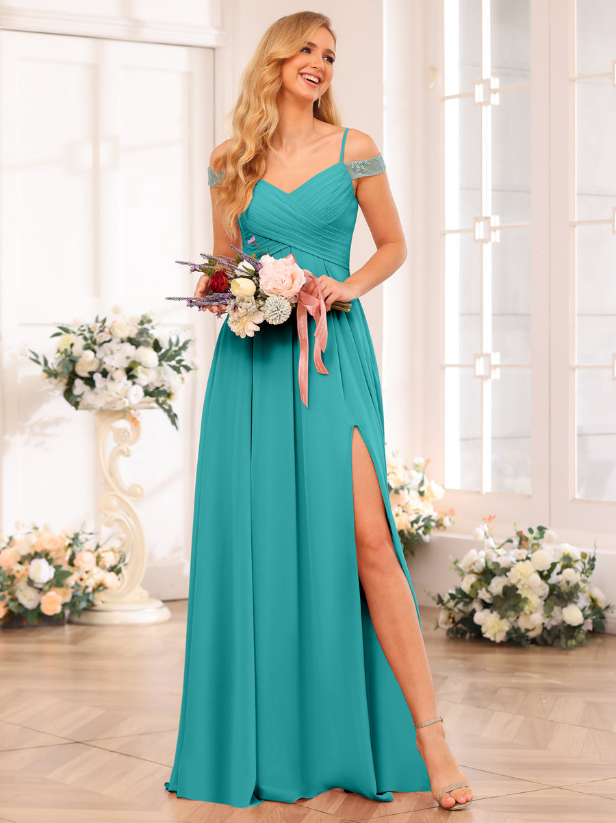 A-Line/Princess Spaghetti Straps Long Wedding Party Dresses with Split Side & Pockets Aqua Blue