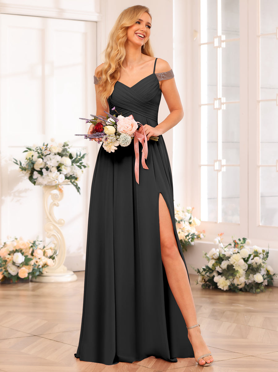 A-Line/Princess Spaghetti Straps Long Wedding Party Dresses with Split Side & Pockets Black