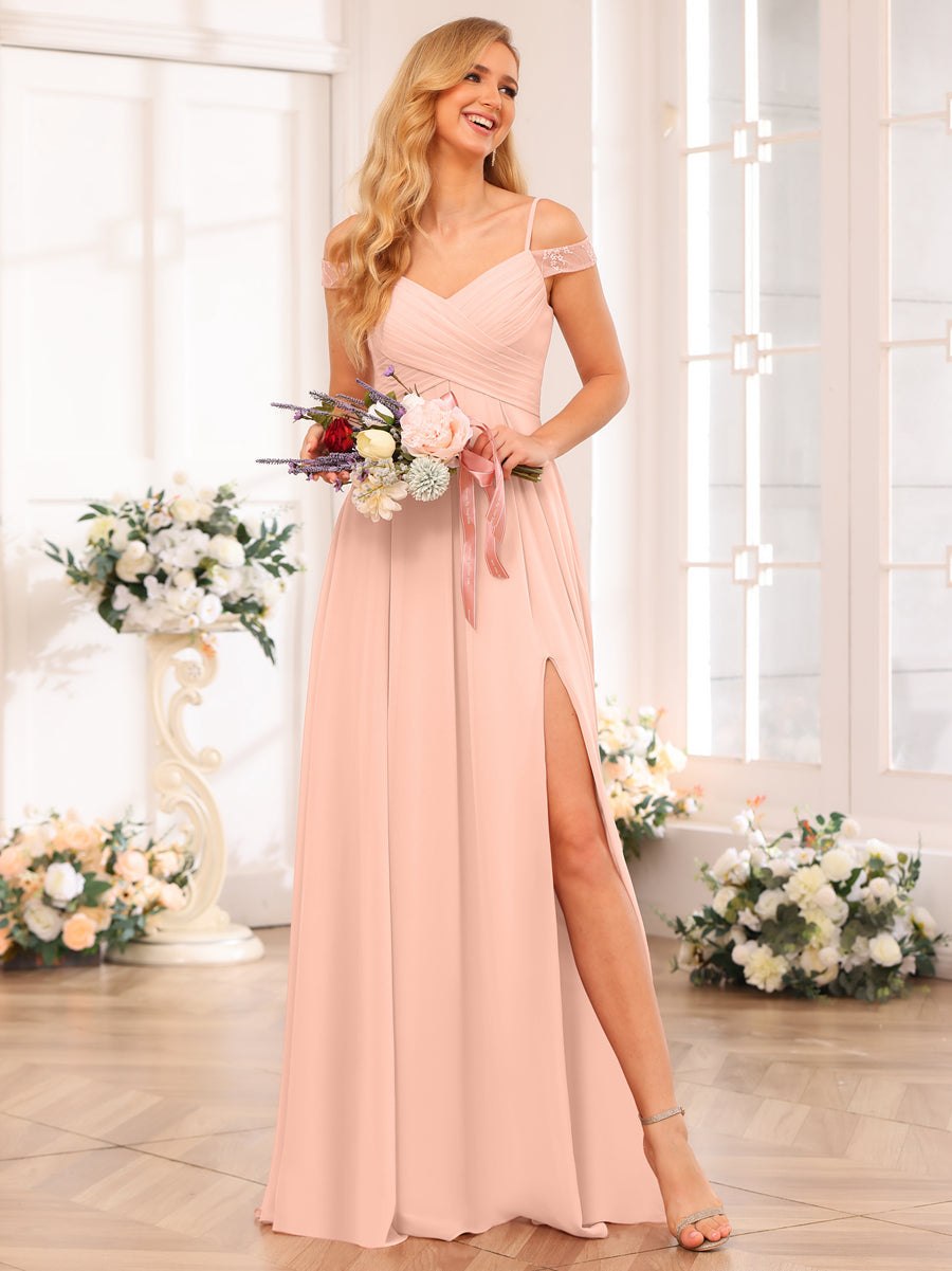 A-Line/Princess Spaghetti Straps Long Wedding Party Dresses with Split Side & Pockets Blush Pink