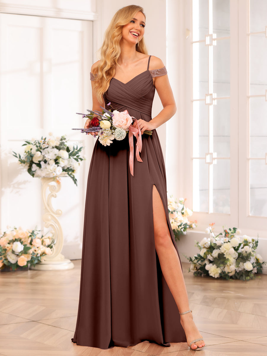 A-Line/Princess Spaghetti Straps Long Wedding Party Dresses with Split Side & Pockets Brown