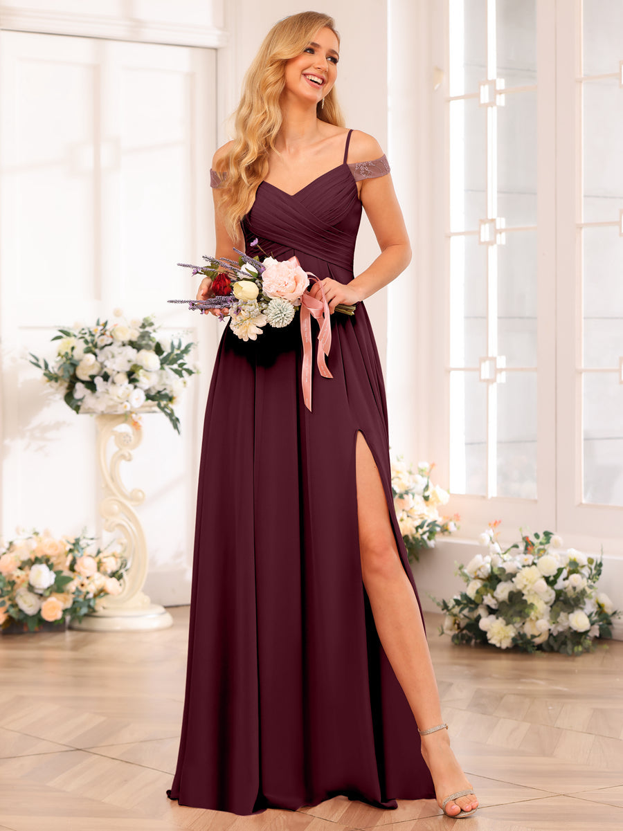 A-Line/Princess Spaghetti Straps Long Wedding Party Dresses with Split Side & Pockets Burgundy