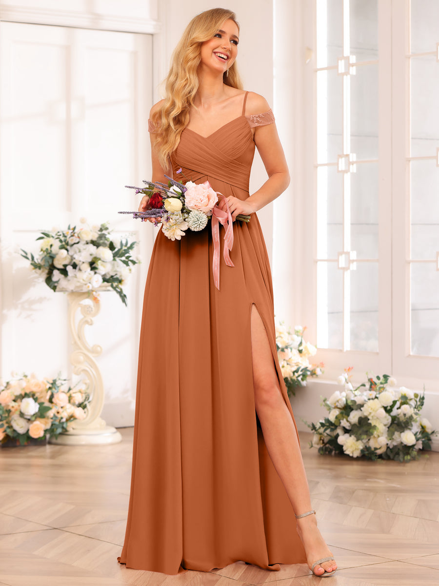 A-Line/Princess Spaghetti Straps Long Wedding Party Dresses with Split Side & Pockets Burnt Orange