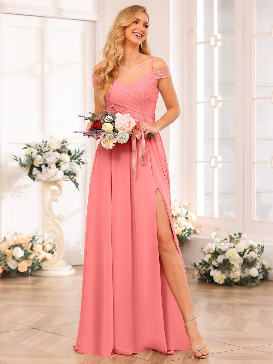 A-Line/Princess Spaghetti Straps Long Wedding Party Dresses with Split Side & Pockets Coral