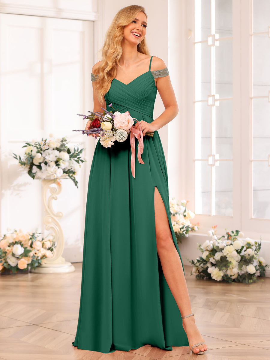 A-Line/Princess Spaghetti Straps Long Wedding Party Dresses with Split Side & Pockets Dark Green