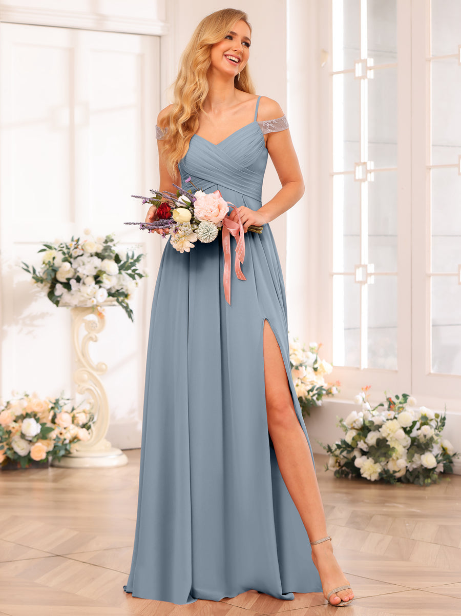 A-Line/Princess Spaghetti Straps Long Wedding Party Dresses with Split Side & Pockets Dusty Blue