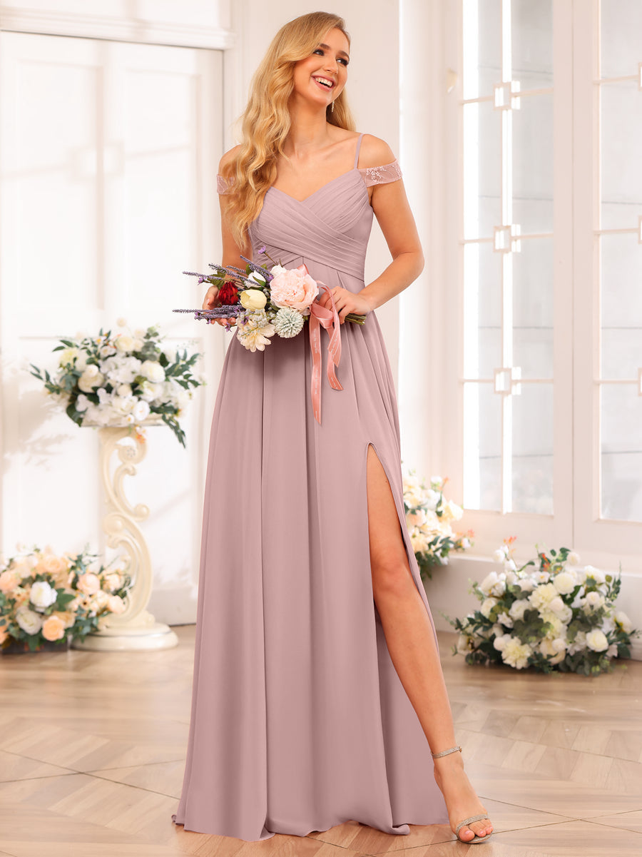 A-Line/Princess Spaghetti Straps Long Wedding Party Dresses with Split Side & Pockets Dusty Pink