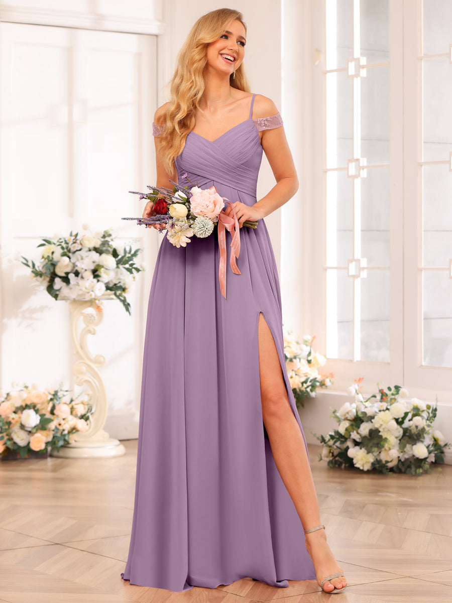 A-Line/Princess Spaghetti Straps Long Wedding Party Dresses with Split Side & Pockets Dusty Purple