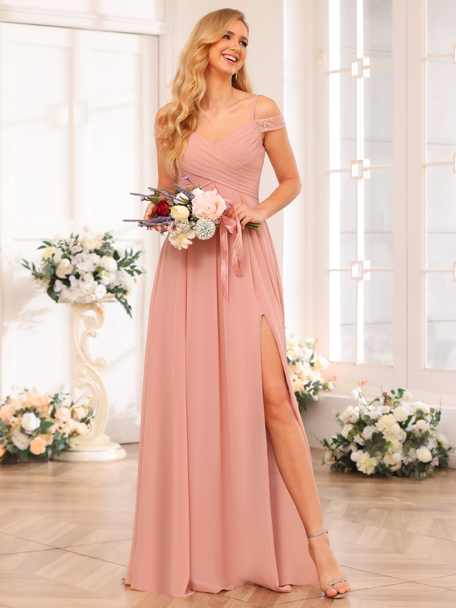 A-Line/Princess Spaghetti Straps Long Wedding Party Dresses with Split Side & Pockets Dusty Rose